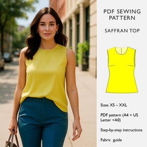 May include: A woman wearing a sleeveless yellow top and teal pants. The image includes a PDF sewing pattern for a "Saffran Top" in sizes XS-XXL. The pattern includes step-by-step instructions and a fabric guide.