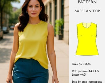Sleeveless  Top – PDF Sewing Pattern – Loose Fit Blouse with Bust Darts – Round Neck – Easy Beginner Sewing – Saffron Top  - in English