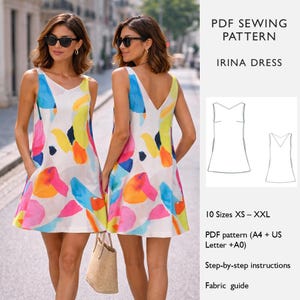 Puede incluir: Dos mujeres con un vestido blanco sin mangas con un diseño abstracto colorido. El vestido tiene cuello en V y bolsillos. La imagen también incluye un patrón de costura PDF para el "Vestido Irina" en tallas XS-XXL, con instrucciones y una guía de telas.