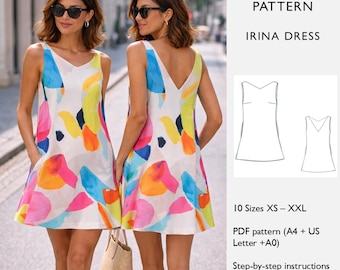 Patrón de costura para vestido trapecio / Descarga digital en PDF - Vestido mini sin mangas con bolsillos / Vestido recto con escote en V y espalda abierta - en inglés