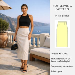 May include: A woman in a black halter top and a light-coloured pencil skirt. The image includes a PDF sewing pattern for a Niki skirt, with instructions and sizing information. The skirt is a neutral colour, and the overall style is elegant.