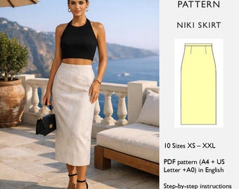 Patrón de costura para falda recta midi – Pinzas en la cintura, pretina, abertura trasera – Descarga digital en PDF - en inglés