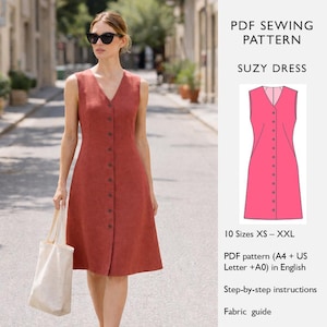 A-Linie Kleid Schnittmuster PDF Digitaler Download – Ärmelloses Leinenkleid Schnittmuster Knielang Knopfleiste mit Darts – in englischer Sprache