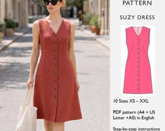 A-line Dress Sewing Pattern PDF Digital Download – Sleeveless Knee length Button Front Linen Summer Dress Pattern, French Darts - in English
