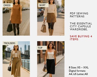 The Essential City Capsule Wardrobe Sewing Pattern Bundle | 4 Garments | Dress, Top, Skirt & Trousers Digital PDF Patterns  - in English