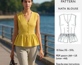 Blouse Sewing Pattern – Sleeveless V‑Neck Peplum Top with Button Front - PDF Digital Download  - in English