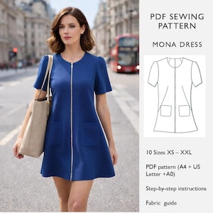 以下が含まれることがあります： 金色のジッパーと2つのフロントポケットが付いた、半袖のロイヤルブルーのドレスを着た女性。このドレスは、XS-XXLサイズの「Mona Dress」PDF縫製パターンのものです。画像には、ドレスの線画も含まれています。