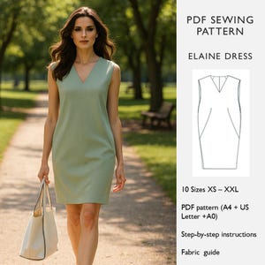 May include: A woman wearing a sleeveless, light green dress with a V-neck, walking on a path. The image includes a PDF sewing pattern for the "Elaine Dress" with step-by-step instructions and a fabric guide. The pattern is available in 10 sizes, from XS to XXL.