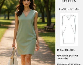 Patrón de costura para vestido Cocoon - Descarga digital en PDF - Escote en V - Minivestido sin mangas - Vestido recto con pinzas francesas - en inglés