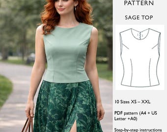 Fitted Top Sewing Pattern – Sleeveless Fitted Bodice with Round Neckline | PDF Pattern for Women  - in English