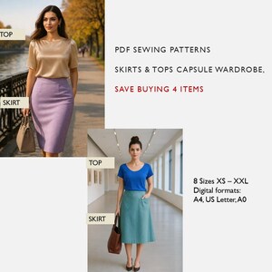 May include: Image features two women modeling skirts and tops. One wears a lilac skirt and gold top, the other a teal skirt and blue top. Text reads "PDF Sewing Patterns, Skirts & Tops Capsule Wardrobe, Save Buying 4 Items."