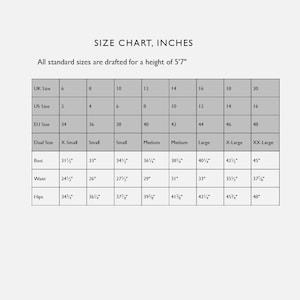 May include: A size chart in inches, with measurements for bust, waist, and hips. The chart includes UK, US, and EU sizes, as well as dual sizes ranging from X-Small to XX-Large. The text states that all sizes are drafted for a height of 5'7".