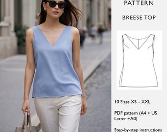 Patrón de costura superior • Top sin mangas con cuello en V para mujer • Descarga digital en PDF • Camiseta de tirantes de verano - en inglés