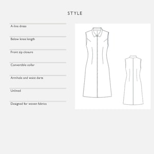 Pu&ograve; includere: Disegno a tratto di un abito a trapezio senza maniche con colletto convertibile e chiusura frontale con zip. L'abito &egrave; sotto il ginocchio e sfoderato. La parola "STYLE" &egrave; visibile. Progettato per tessuti.