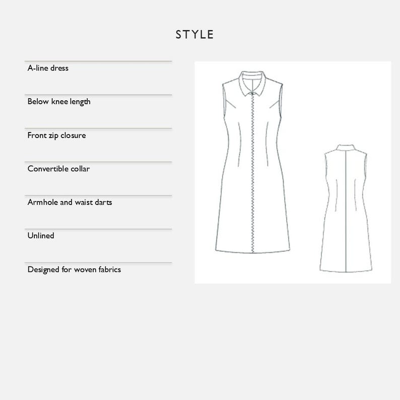 Pu&ograve; includere: Disegno a tratto di un abito a trapezio senza maniche con colletto convertibile e chiusura frontale con zip. L'abito &egrave; sotto il ginocchio e sfoderato. La parola "STYLE" &egrave; visibile. Progettato per tessuti.