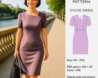 Etuikleid Schnittmuster: Asymmetrischer Ausschnitt, Teilungsnähte (PDF Pattern, 8 Sizes A4/A0/Letter Format) - in englisch