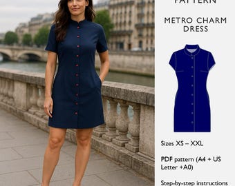 Schnittmuster für Kleid: Stehkragen, Button-Down (PDF Digital Download A4/A0/US Letter Format) - in Englisch