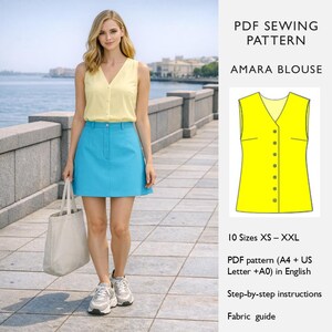 May include: A woman in a yellow sleeveless top and a turquoise skirt, holding a white tote bag. The image includes a diagram of the Amara Blouse pattern, with text indicating it's available in 10 sizes, XS-XXL, and includes step-by-step instructions.