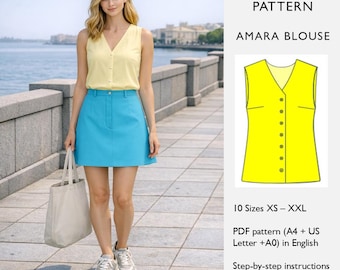 Bluse Schnittmuster • Ärmelloses Top mit V-Ausschnitt • PDF Digital Download • Büste Darts - in englischer Sprache