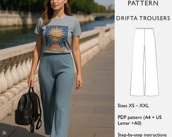 Stretch Trousers Sewing Pattern -  Digital PDF Download  - Wide-Leg Jersey Pull On Pants with Elastic Waistband -  in English