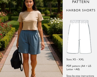 Patrón de costura para pantalones cortos informales: pantalones cortos de punto Palazzo hasta la mitad del muslo con bolsillos en la costura - Harbor Shorts - en inglés
