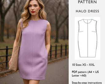 Cocoon Mini Dress Sewing Pattern • PDF Digital Download • Sleeveless Shift Dress • Round Neck, Bust Darts, Front Seam  - in English