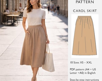 Midi Skirt Sewing Pattern | Gathered Waist Skirt with Pockets | PDF Digital Download  | Stretch Fabric  - in English