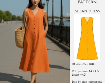 Midi Dress Sewing Pattern – Sleeveless Button-Front Midi with Pockets, Trapeze Shift Dress – PDF Digital Download in English