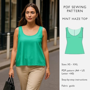 Op de afbeelding: Een vrouw draagt een mouwloze, mintgroene top en een beige broek. De top heeft een ronde halslijn. Een diagram van de top wordt getoond, met de tekst "PDF SEWING PATTERN MINT HAZE TOP" en maatdetails. Maten XS tot XXL.