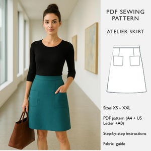 May include: A woman wearing a black long-sleeve shirt and a teal skirt with two front pockets. The image includes a PDF sewing pattern for an Atelier skirt, with sizes XS-XXL, step-by-step instructions, and a fabric guide.