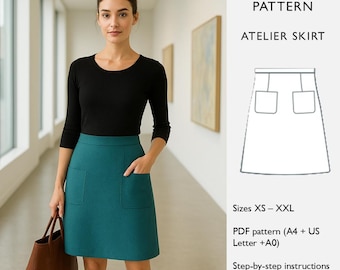 Women’s A-Line Skirt Sewing Pattern with Patch Pockets - Above Knee -  PDF Digital Download - The Atelier Skirt  - in English