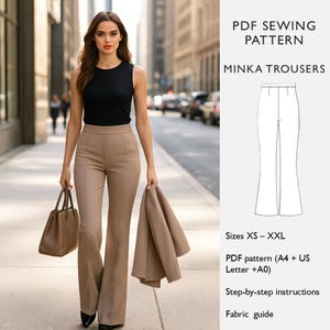 May include: A woman wearing a black top and tan trousers, carrying a matching handbag and jacket, walks down a city street. The image includes a PDF sewing pattern for Minka Trousers, with sizes XS-XXL, step-by-step instructions, and a fabric guide.