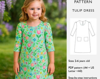 Girls Dress Sewing Pattern - 2-6Y - Stretch Fabric - Puffed Sleeves - Trapeze Dress with Pockets  - PDF Digital Download  - in English