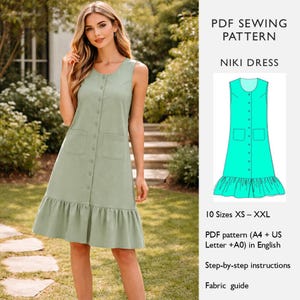 Molde para Vestido com Botões Frontais | Vestido Regata Sem Mangas com Bolsos | Barra com Babados - Download Digital em PDF - em Inglês