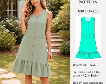 Kleid mit Knopfleiste Schnittmuster | Ärmellose A-Linie-Trapez-Verschiebung mit Taschen | Rüschensaum - PDF Digital Download - in englischer Sprache