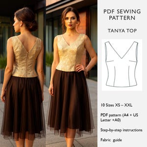 May include: A woman wearing a gold-colored top and a brown tulle skirt. The top has a V-neck and a textured pattern. The skirt is knee-length. The image also includes a PDF sewing pattern for the "Tanya Top" in sizes XS-XXL.