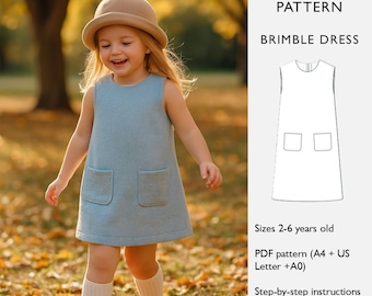 Patrón de costura para vestido de niña - Tallas 2-6 años - Descarga digital en PDF - Vestido trapecio con bolsillos de parche - Vestido Brimble - en inglés