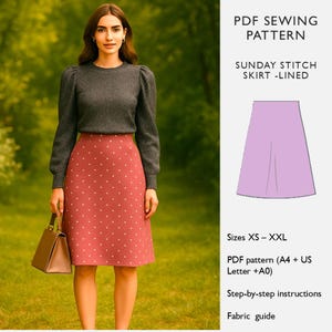 Può includere: Una donna indossa un maglione grigio a maniche lunghe e una gonna rossa a pois bianchi, con una borsa marrone. L'immagine include un modello di cucito PDF per una gonna foderata, con taglie XS-XXL, istruzioni passo-passo e una guida ai tessuti.