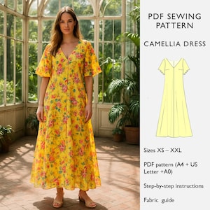 Summer Dress Sewing Pattern — Tent Dress with V-Neck, Flared Sleeves  Airy Silhouette —  PDF Digital Download — Camellia Dress