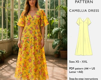 Schnittmuster für Kleid — Zeltkleid mit V-Ausschnitt, ausgestellte Ärmel Luftige Silhouette — PDF Digital Download — Camellia Kleid - in englischer Sprache