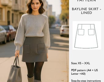 A-line Mini Skirt Sewing Pattern - PDF Digital Download - Patch Pockets - Lined Skirt  - in English