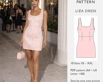 Patrón de costura para minivestido: Vestido ajustado de tirantes con escote cuadrado (PDF, descarga digital) - en inglés