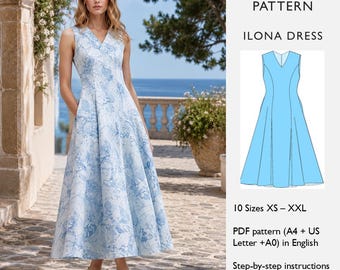 Dress Sewing Pattern PDF | Women's Fit & Flare Midi Length Dress | Sleeveless V-Neck Dress | Digital Sewing Pattern - in English