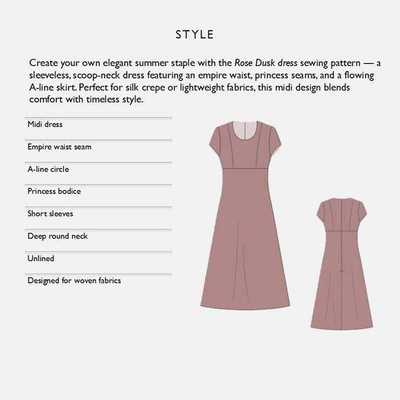 Dress Sewing Pattern  Empire Waist, High Waist, Scoop Neck, Short Sleeves  A-line Midi Dress  PDF Pattern  Rose Dusk Dress - in English - Etsy
