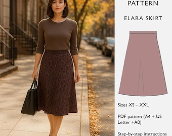 A-Line Skirt Sewing Pattern: Below Knee Skirt with Waistband  (PDF Digital Download)  - in English