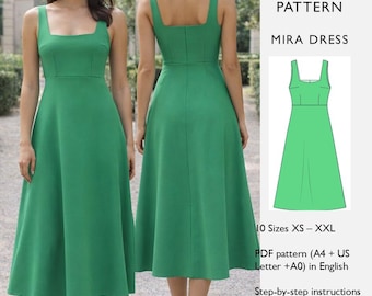 Patrón de costura para vestido midi / Escote cuadrado, espalda descubierta, corpiño ajustado / Vestido de verano de corte A - en inglés