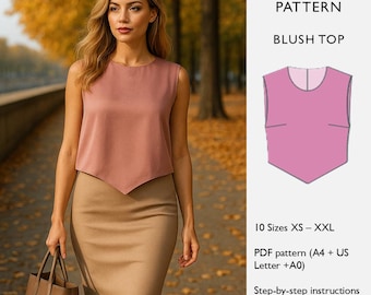 Asymmetrical Hem Top Sewing Pattern for Women – Sleeveless Blouse Digital PDF  - in English