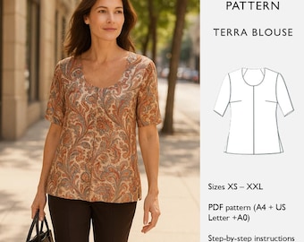Blouse Sewing Pattern – PDF Digital Download -  Loose-Fit Top -  Deep Round Neck, Elbow Sleeves, Center Seam & Side Slits –  in English