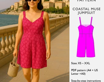 Playsuit Sewing Pattern - Palazzo Bermuda Playsuit - PDF Download -  Sleeveless Romper Pattern - Coastal Muse Playsuit  - in English