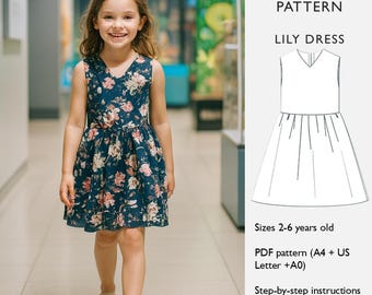 Schnittmuster für Mädchenkleid - 2-6J - Rock mit Raffung - Ärmellos - PDF Digital Download - in englischer Sprache